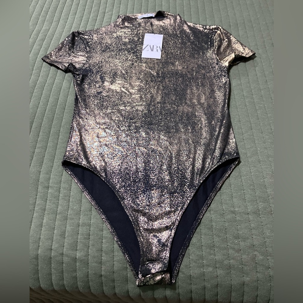 Zara Women's Metallic High Neck Bodysuit Short sleeve Gold - Picture 4 of 11